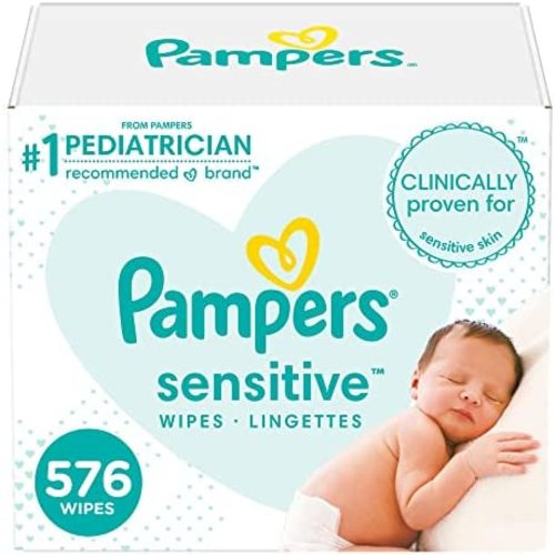 Baby Wipes, Pampers Sensitive Water Based Baby Diaper Wipes, Hypoallergenic and Unscented, Tub Not Included, 72 Count (Pack of 8), Total 576 Wipes - Packaging May Vary