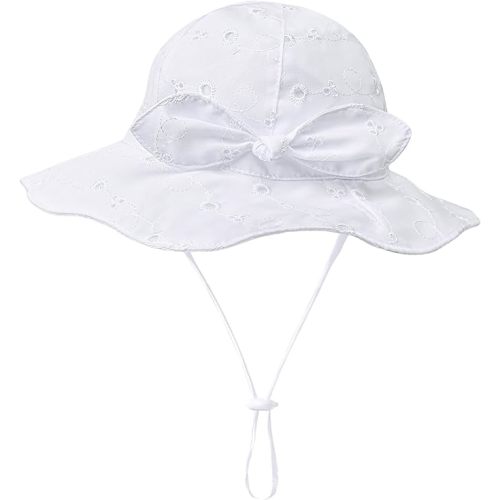 Toddler Kids Baby Girl Breathable Sun Hat Cotton Foldable 50+ SPF Protective - 0-6 Months - White/Embroider-2