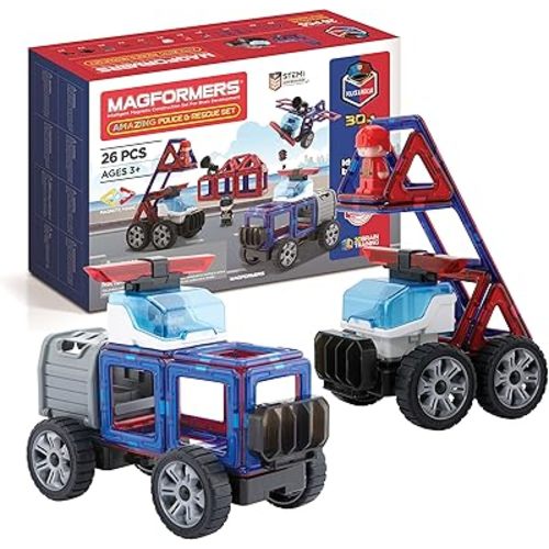 Magformers Amazing Police and Rescue 26Pc Set | Magnetic Tiles for STEM Development and Critical Thinking | Magnetic Blocks and Building Tiles to Develop Problem-Solving Ability and Shape Recognition