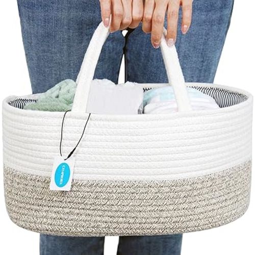 Casaphoria Caddy Organize Woven Hamper Cotton Rope Basket Caddy for Storage, 100% Cotton Towel Basket with Handle, Portable Bag, Light Brown (14.2''8.7''7.1'')