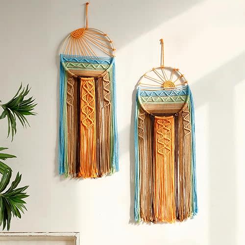 2 Pack Macrame Sun Wall Decor Hanging Tapestry Sunrise Sunset Wall Art Set, Hand Woven Boho Tapestries Colorful Decor for Bedroom Living Room Nursery Apartment (2 Pcs)