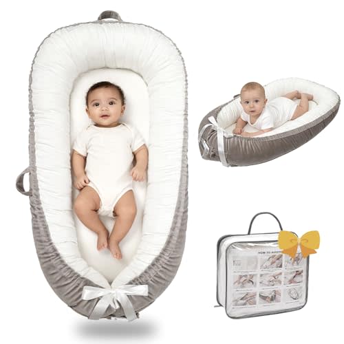 Baby Lounger-Breathable and Soft Organic 100% Cotton, Portable Infant Lounger with Removable Lounger Cover, Floor Lounger for Newborn - Grey White