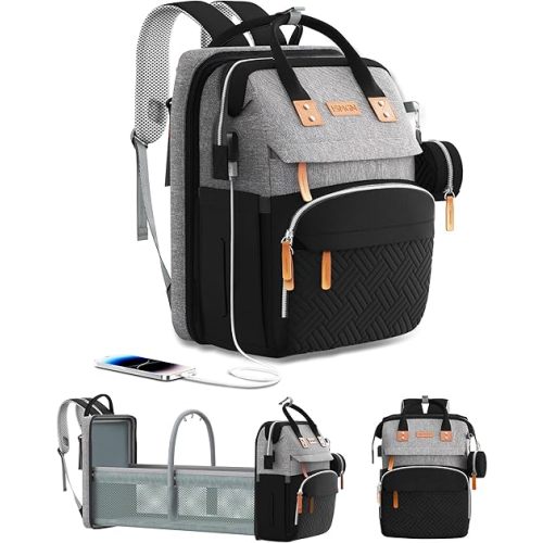 Diaper Bag Backpack with Changing Station, Multifunctional Diaper Bag, Extra Large Capacity, Baby Bag, GreyBlack