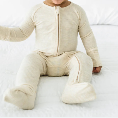 Heather Oatmeal Ribbed Zippy - Little Sleepies