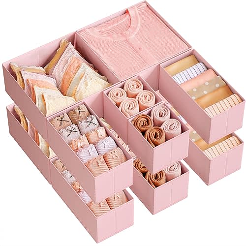 SONGMICS Drawer Organizers, Dresser Divider Organizers, Set of 12, Foldable Fabric Storage Boxes for Socks, Underwear, Bras, Ties, Scarves, Jelly Pink URDZ006R01