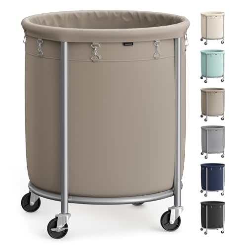 SONGMICS 50.2-Gallon (190 L) Laundry Basket with Wheels, Rolling Round Heavy-Duty Laundry Hamper Cart with Steel Frame and Removable Bag, 2 Locking Wheels, Camel Brown and Metallic Silver URLS001N01