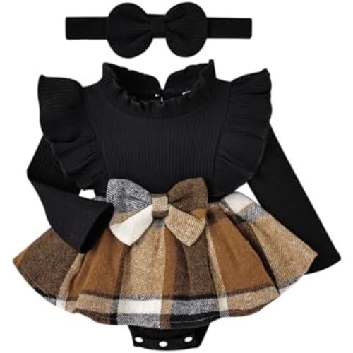 Baby Girl Clothes Cute Plaid Romper Dress Ruffle Long Sleeve One-piece Jumpsuit Bodysuit with Bow Headband
