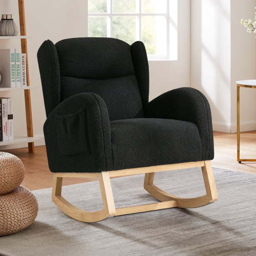 Timbernest Rocking Chair Nursery, Wingback Glider Rocker, 28" Wide Accent Chair with Side Pocket, High Backrest, Black Teddy
