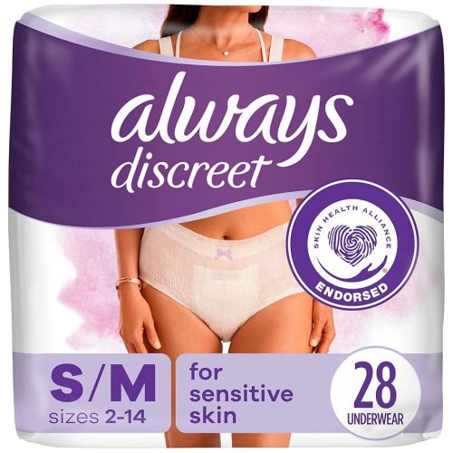 Always Discreet Sensitive, Incontinence & Postpartum Underwear for Women, Maximum Plus Protection, Small/Medium, 28 Count