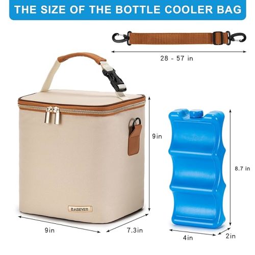 Breastmilk Cooler Bag with Ice Pack Fits 6 Baby Bottles Up to 9 Ounce, Baby Bottle Bag with Shoulder Strap for Nursing Mom Daycare, Cream