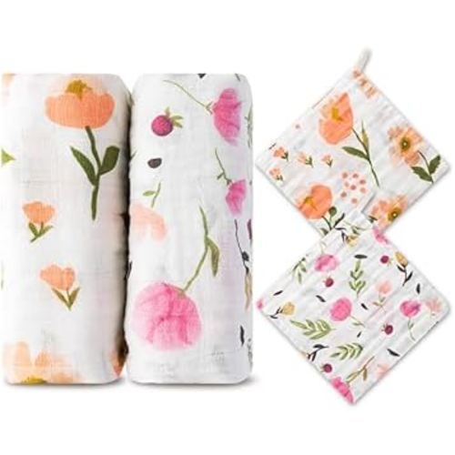 Zainpe 4Pcs Baby Muslin Swaddle Blankets & Washcloth Set Floral Soft Breathable Swaddling Wrap Nursery Receiving Blankets for Boys Girls Newborn Essential Infant Registry Gifts 47.2” X 47.2”