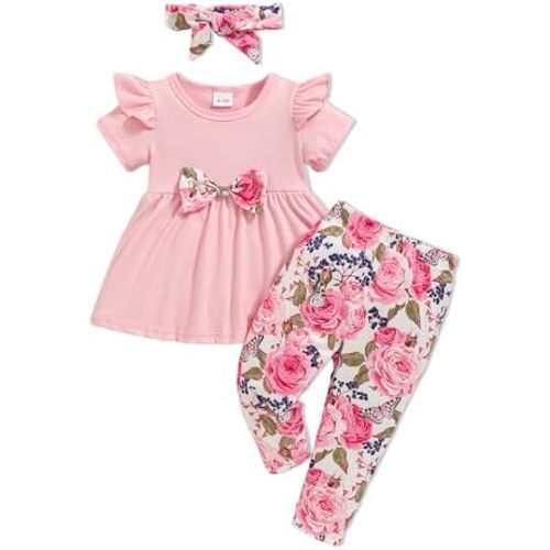 Baby Girl Clothes Toddler Girl Outfits Infant Girl Summer Clothes for Girl Ruffle Shirt Pants+Cute Headband 3PCS