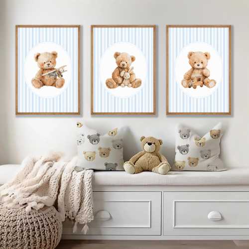 Vintage Teddy Bear Nursery Prints: Blue Bear Baby Boy Wall Art Set Of 3