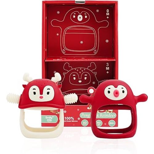 Baby Christmas Stocking Stuffers-Smily Mia Penguin Buddy and Reindeer 2 in 1 Christmas Gift/Toy Set for 0-12 Months Teething Babies, Teeting Mittens For Babies, Infant Christmas Gift Box-Christmas Red