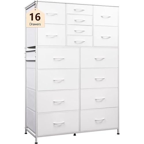 WLIVE Large Dresser for Bedroom, Fabric Dresser Storage Tower with 16 Drawers, Chest of Drawers Organizer Unit, Storage Cabinet, Hallway, Closets, Steel Frame, White