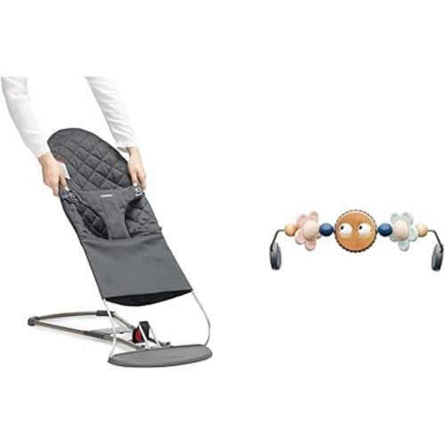 BabyBjörn Bouncer Bundle with 1 Count Anthracite Cotton Fabric Seat and Pastel Googly Eyes Toy