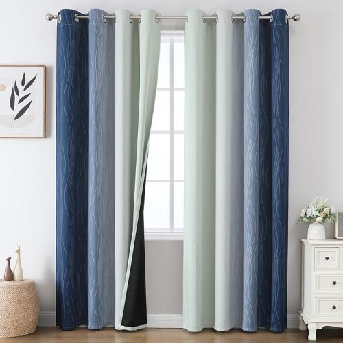 Estelar Textiler Sage Green and Navy Blue Gradient Blackout Curtains for Bedroom 96 Inch Length 2 Panels Set, Thermal Insulated Ombre Drapes, Full Light Blocking Curtains for Living Room,52Wx96L