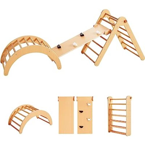 Beright 4 in 1 Pikler Triangle Gym, Montessori Foldable Climber with Ramp, Indoor Climbing Toys for Kids, Climbing Triangle for Toddlers Arch Climber, Rocker, Learning Waldorf Toy Structure, Natural