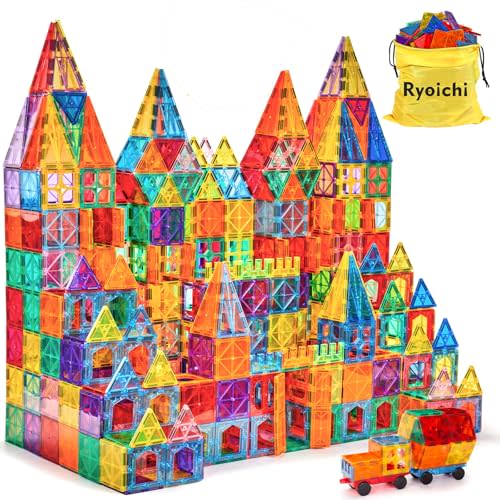 Ryoichi 138PCS Magnetic Building Tiles Set with 2 Cars, STEM Educational Construction Blocks & Montessori Learning Toys for Kids Ages 3-9+ Years
