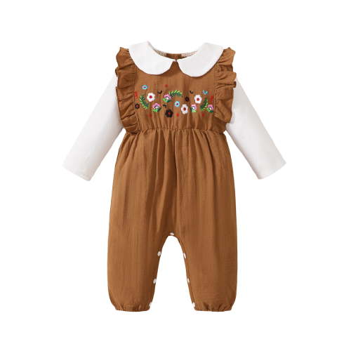KIMI BREA Newborn Baby Girls Bodysuits 9-12 Months Fall Winter Clothes Lapel Long Sleeves ROmper Floral Embroidery Fake 2pcs Jumpsuits Brown