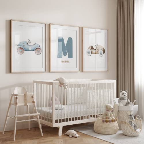 Set of 3 - Vintage Race Car Nursery Prints for baby boy nursery or bedroom, personalised nursery prints, wall art, printed or digital
