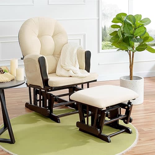 Nursery Glider & Ottoman Sets, Reclining Glider Rocker with Ottoman, Nursery Rocking Breastfeeding Maternity Chair for Baby Room, Recliner Glider with Ottoman, Padded Arms - Espresso, Cream
