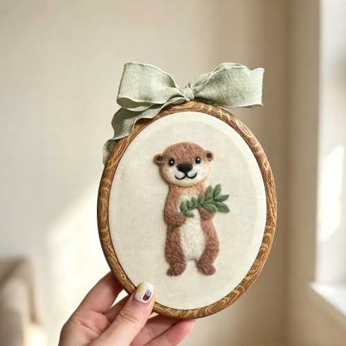 Vintage Otter Nursery Wall Art, Custom Baby Gift, Baby Name Sign, Handmade Needle Felt Hoop, Woodland Animal Embroidery Hoop Decor