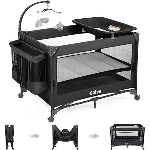 Baby Bassinet Bedside Crib, Pack and Play with Mattress, Diaper Changer, One-Push Setup Playards from Infants to Toddlers (Black)