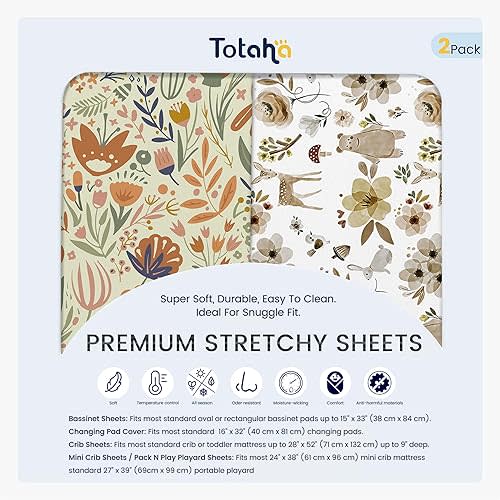 TotAha Premium Soft Pack n Play Sheets, Super Stretchy Jersey Knit Mini Crib Sheets Fitted, Silky Comfort Pack and Play Sheets Fitted, 2 Pack (Botanical Garden & Cute Bear)