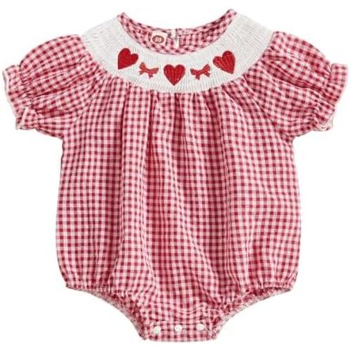 FIOMVA Toddler Baby Girl Clothes Summer Smocked Bubble Romper Embroidery Onesie Short Sleeve Bodysuit Cute Outfits