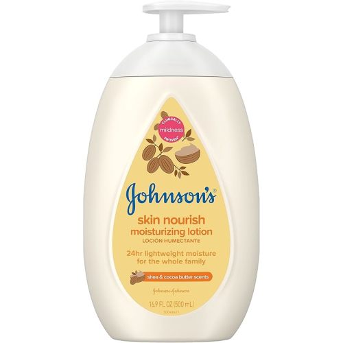 Johnson's Baby Skin Nourish Moisturizing Baby Lotion for Dry Skin with Shea & Cocoa Butter Scents, Gentle & Lightweight Body Lotion for The Whole Family, Hypoallergenic, Dye-Free, 16.9 fl. oz