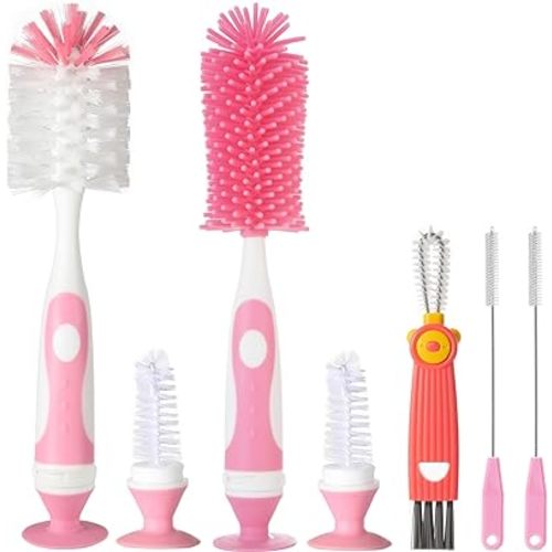 5-in-1 Baby Bottle Brush Set, Bottle Brush for Baby, Bottle Cleaner Brush Set, Including Nylon and Silicone Bottle Brush, Bottle Cap Brush, Straw Brush, Nipple Brush, BPA-Free (Pink)