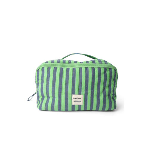 quilted make up bag - navy pop green stripe
