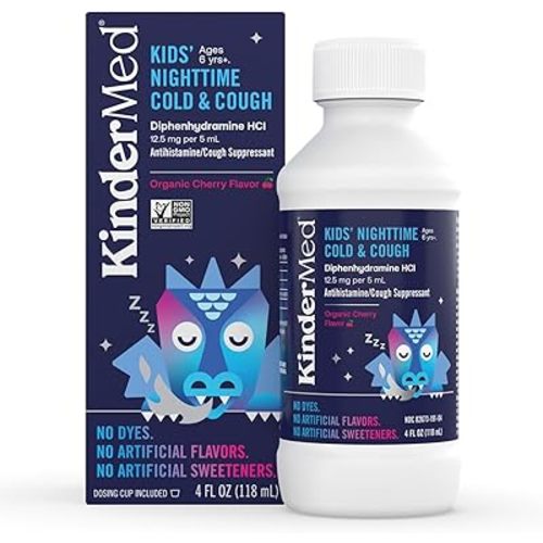 Kids' Nighttime Cold & Cough Medicine, for Ages 6 Years+, No Dyes, No Artificial Flavors, No Artificial Sweeteners, Vegan, Non-GMO, Gluten Free, Organic Cherry Flavor (4 Fl Oz)