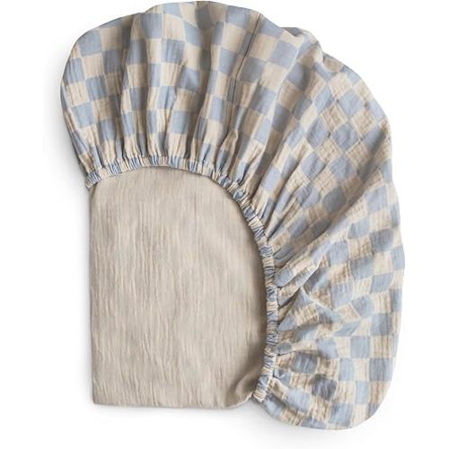 mushie Extra Soft Muslin Fitted Crib Sheet | 192 Thread Count | 28"x 52" (Blue Check)