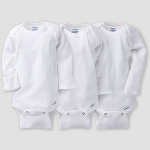 Gerber Baby 3pk Long Sleeve Bodysuit - White 6-9M: Cotton Crew Neck, Adjustable Snap Closure