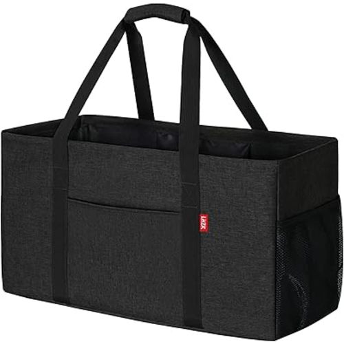 LHZK Standing Extra Large Utility Tote Bag with Metal Wire Frame and the Sides Rinforced, Extra Large Tote Bag with Handle, Reusable Grocery Bags Foldable, Beach Bag, Car Tote (Black)