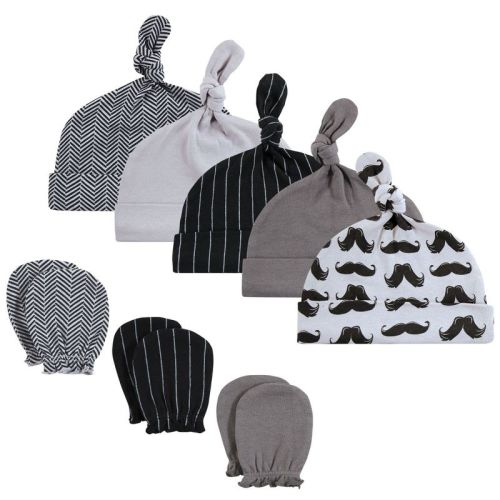 Hudson Baby Infant Boy Cotton Cap And Scratch Mitten Set, Modern Mustache, 0-6 Months