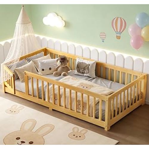 Bellemave Twin Size Montessori Floor Bed with Rails, Pine,Montessori Floor Bedwith slats and a Small Door, Natural