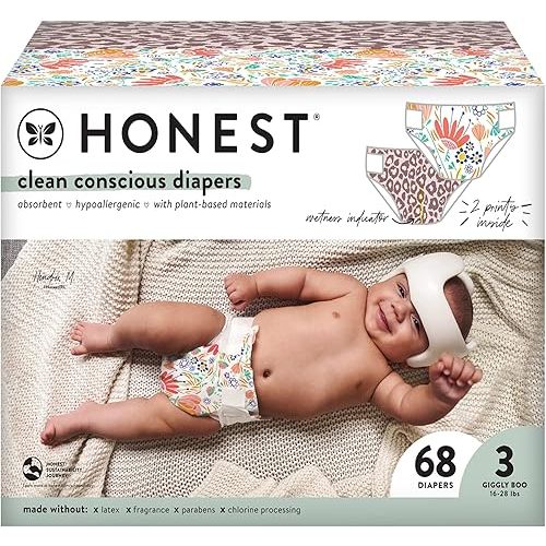 The Honest Company Clean Conscious Diapers | Plant-Based, Sustainable | Wild Thang + Flower Power | Club Box, Size 3 (16-28 lbs), 68 Count