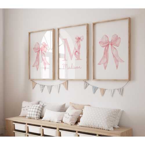 Pink Bow Nursery Prints, Set of 3, Watercolour Bow Prints, Sweet Pink, Custom Name, Girls Personalised Name, Coquette, Baby Nursery Wall Art