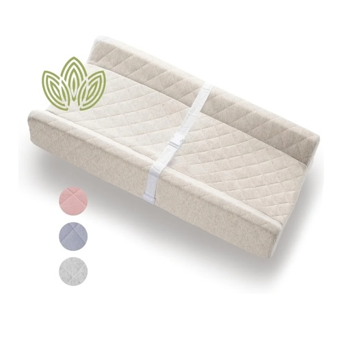 Organic Cotton Contoured Baby Changing Pad w/Waterproof Foam Mattress, Includes Soft, Removable & Washable Cover, Safety Strap, Non-Slip Bottom, Topper for Standard Size Infant Diaper Table & Dresser