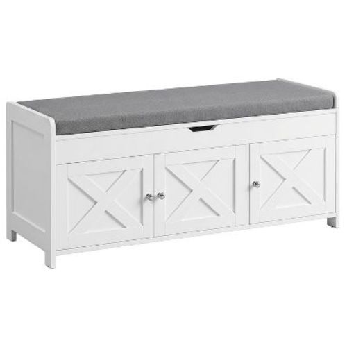 2-Tier Shoe Storage Bench with Cushioned Seat, Entryway Bench with Adjustable Shelf & Barn Doors, 300 lbs Capacity, for Entryway, Bedroom, White