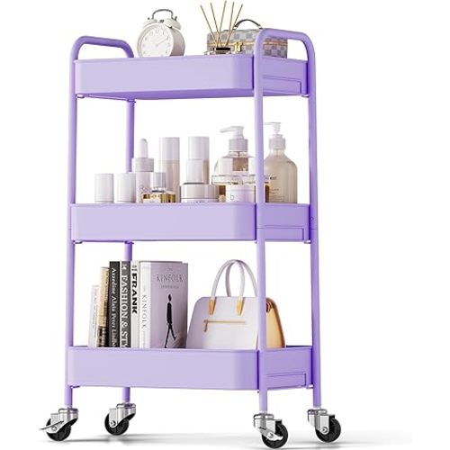 TOOLF 3-Tier Metal Rolling Cart with Wheels, Storage Utility Organizer Cart for Kitchen, Bathroom, Office, Baby Essentials & Makeup - Lockable Casters, Easy Assembly, 132 lbs Capacity, Purple
