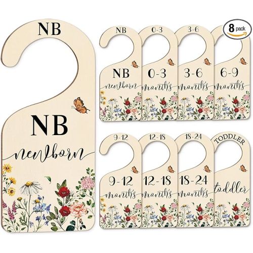 Whaline 8Pcs Vintage Wildflower Hanging Wood Baby Closet Size Dividers and Organizer - Newborn to 24 Months - Thicken Wardrobe Organizer for Home Nursery