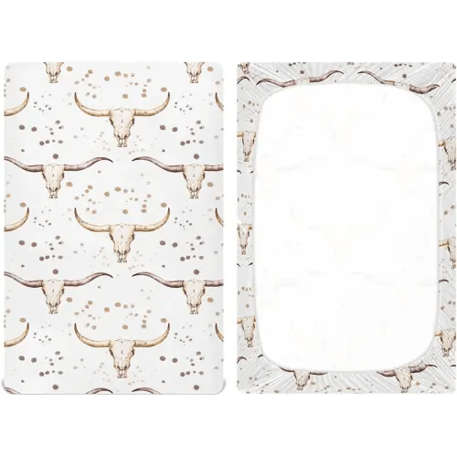 Western Bull Baby Crib Sheets for Boys Girls, Cowboy Breathable Soft Fitted Crib Playard Sheets Baby Mattress Sheet, M 52x28x9in