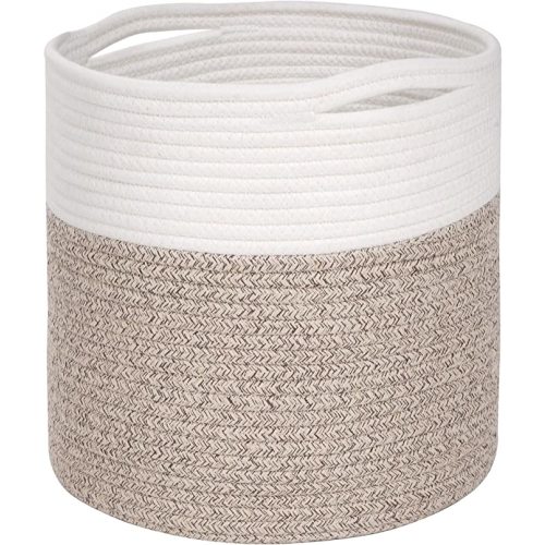 MINTWOOD Design 11 x 11 Inches Cotton Rope Basket for Flower Pot and Indoor Floor Planters, Decorative Round Woven Plant Pot Basket, Planter Covers, Small Dog Toy Storage Baskets, Light Brown
