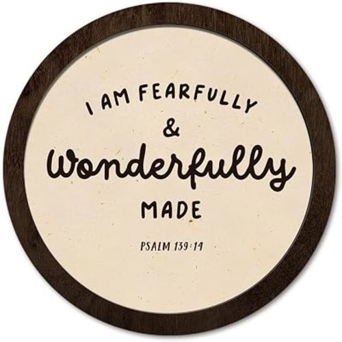 PeakClub Nursery Wall Decor, Fearfully and Wonderfully Made Round Wooden Wall Art, Vintage Christian Wall Decor for Kids Baby Toddler Boys Girls Bedroom Playroom Classroom Homeschool 10x10 Inch
