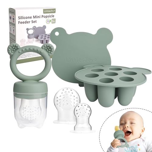 Silicone Baby Fruit Feeder & Freezer Tray Set, Silicone Baby Fruit Food Feeder for Safe Infant Self Feeding, BPA Free Teething Relief for 3 Month+, Additional Silicone Pouches (Sage)