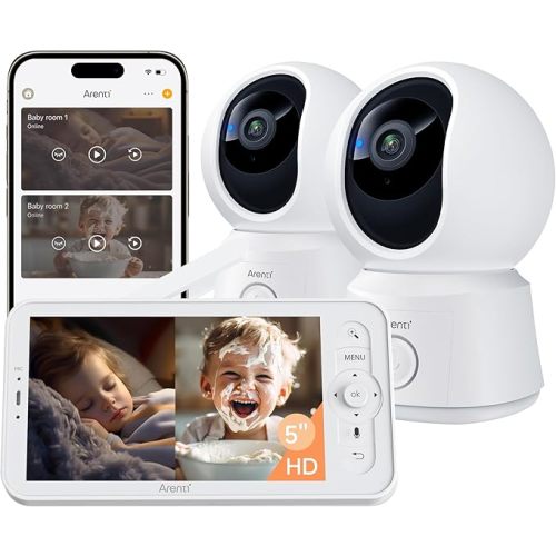 ARENTI Wi-Fi Baby Monitor 2 Cameras, Smart Baby Camera with 5-Inch Wireless Display, Super Night Vision, Temperature Sensor, Sound Detection, Auto Motion Tracking, 2-Way Audio, VOX Mode(B2 Set)